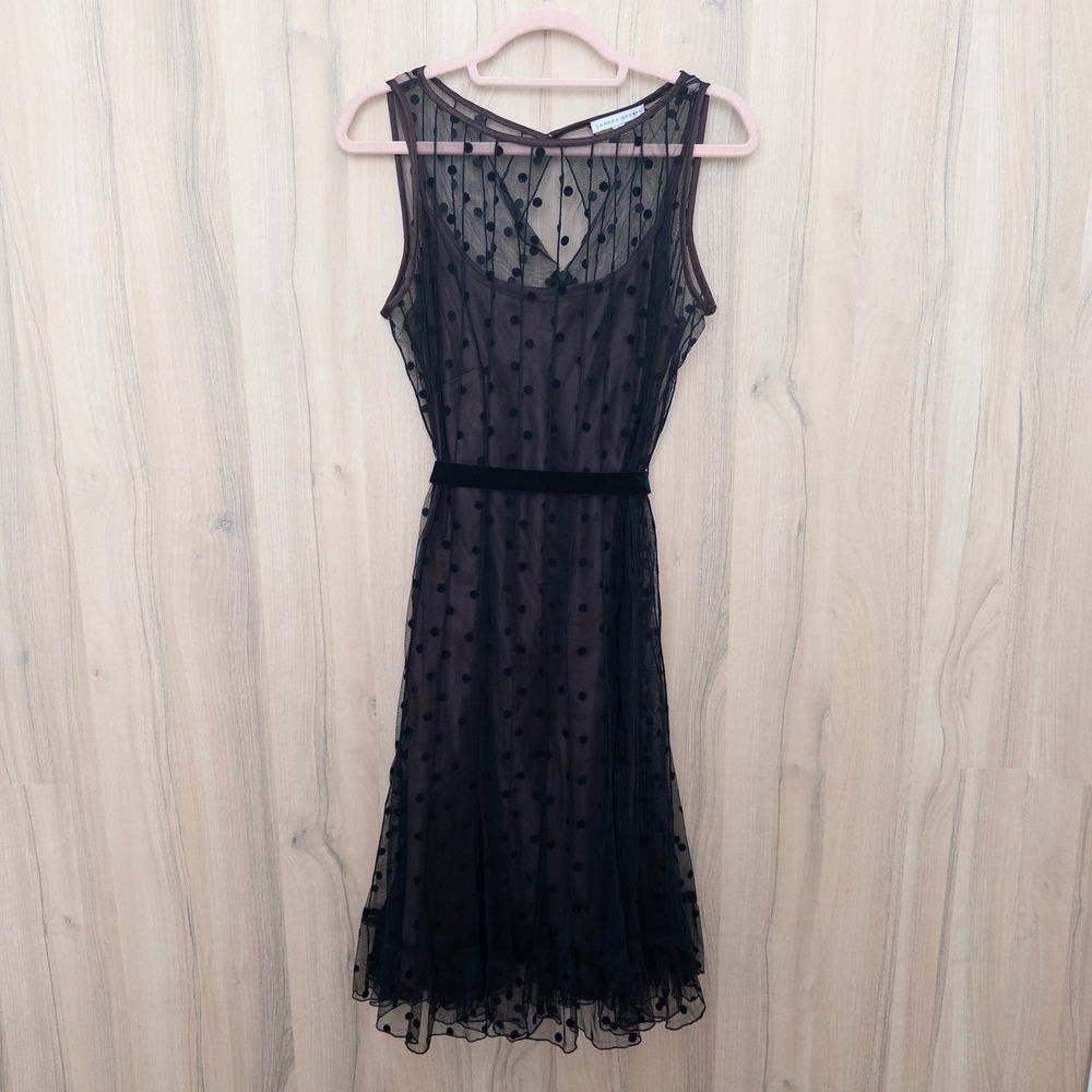 Sandra Darren Womens Mesh Polka Dot Dress Size 8 Black Brown Midi Retro Romantic